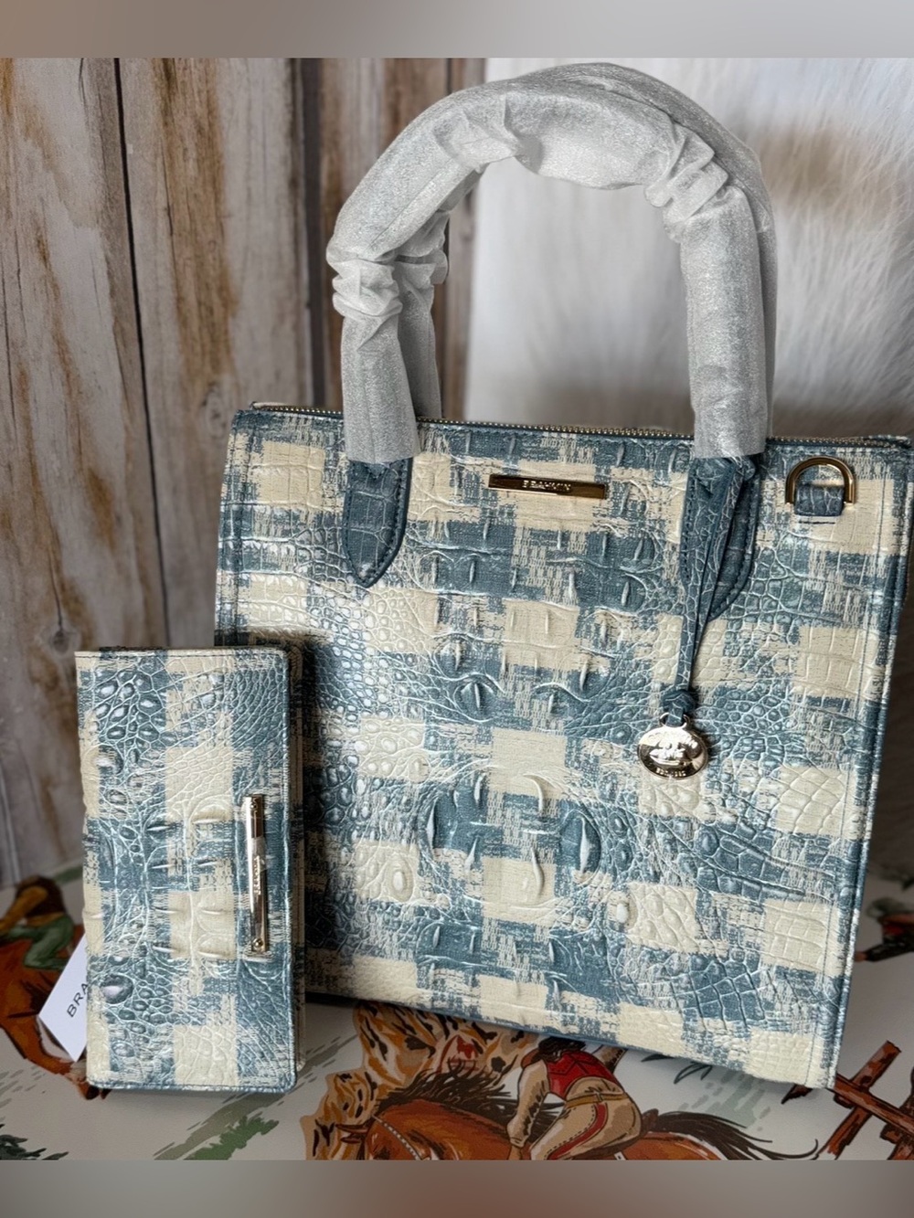 Brahmin Caroline Blue Sakura Leather Satchel & Ady Wallet--NWT